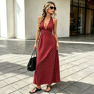Women Fashion Sexy Summer Polka Dots Printed Halter-Neck Lace-Up Dress