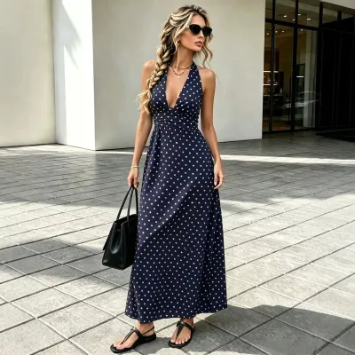 Women Fashion Sexy Summer Polka Dots Printed Halter-Neck Lace-Up Dress