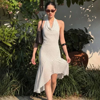 Women Fashion Elegant Summer Polka Dots Printed Halter-Neck Backless Lace-Up Ruffled Dress