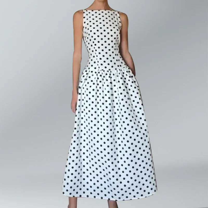 Women Fashion Elegant Summer Polka Dots Sleeveless A-Line Dress