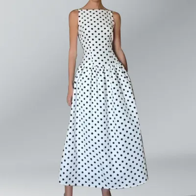 Women Fashion Elegant Summer Polka Dots Sleeveless A-Line Dress