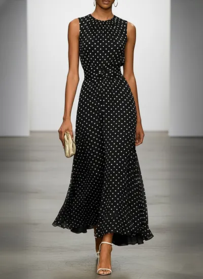 Women Fashion Casual Spring Polka Dots Printed Sleeveless A- Line Dress