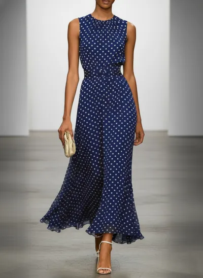 Women Fashion Casual Spring Polka Dots Printed Sleeveless A- Line Dress