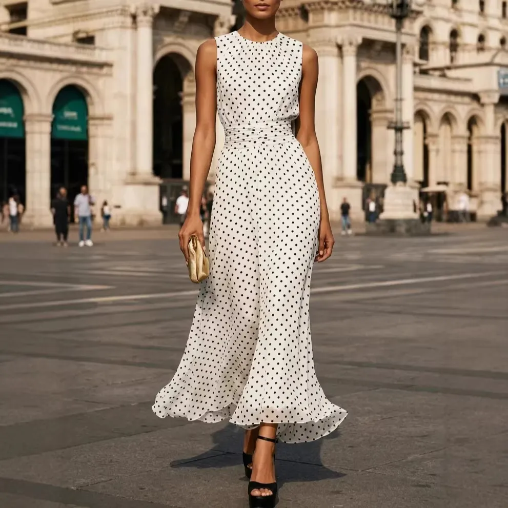 Women Fashion Casual Spring Polka Dots Printed Sleeveless A- Line Dress
