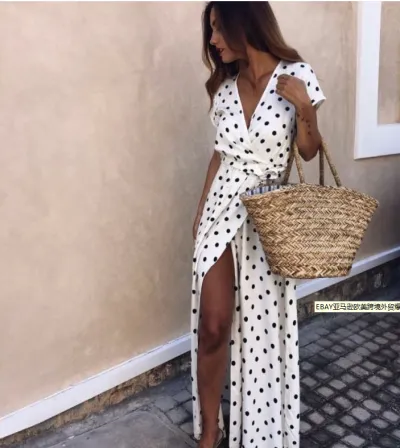 Women Fashion Casual Summer Polka Dots Printed V-Neck Short-Sleeve Split Dress