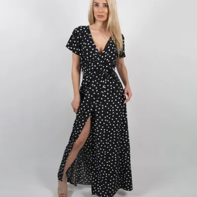Women Fashion Casual Summer Polka Dots Printed V-Neck Short-Sleeve Split Dress