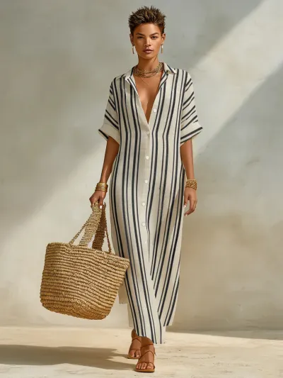 Women Fashion Casual Summer Stripe Lapel Short-Sleeve Loose Dress