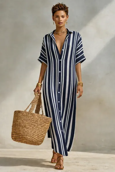 Women Fashion Casual Summer Stripe Lapel Short-Sleeve Loose Dress
