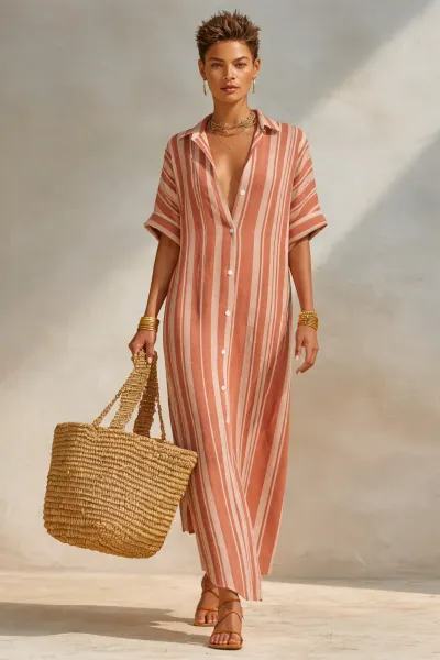 Women Fashion Casual Summer Stripe Lapel Short-Sleeve Loose Dress