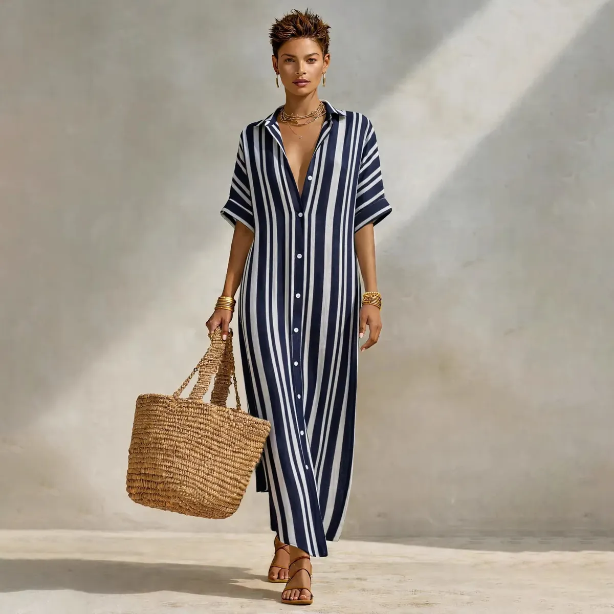 Women Fashion Casual Summer Stripe Lapel Short-Sleeve Loose Dress