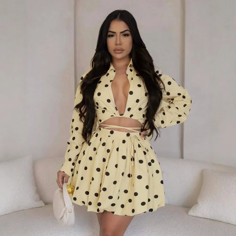 Women Fashion Sexy Elegant Polka Dots Printed Lapel Long-Sleeve Blouse Mini Skirt Two-Piece Set