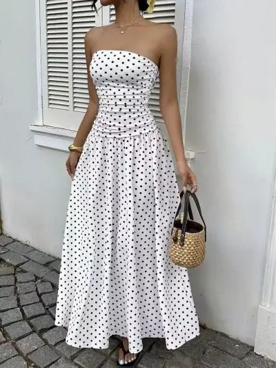 Women Fashion Sexy Elegant Summer Polka Dots Tube Top A-Line Dress