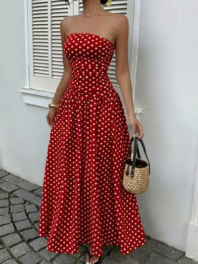 Women Fashion Sexy Elegant Summer Polka Dots Tube Top A-Line Dress