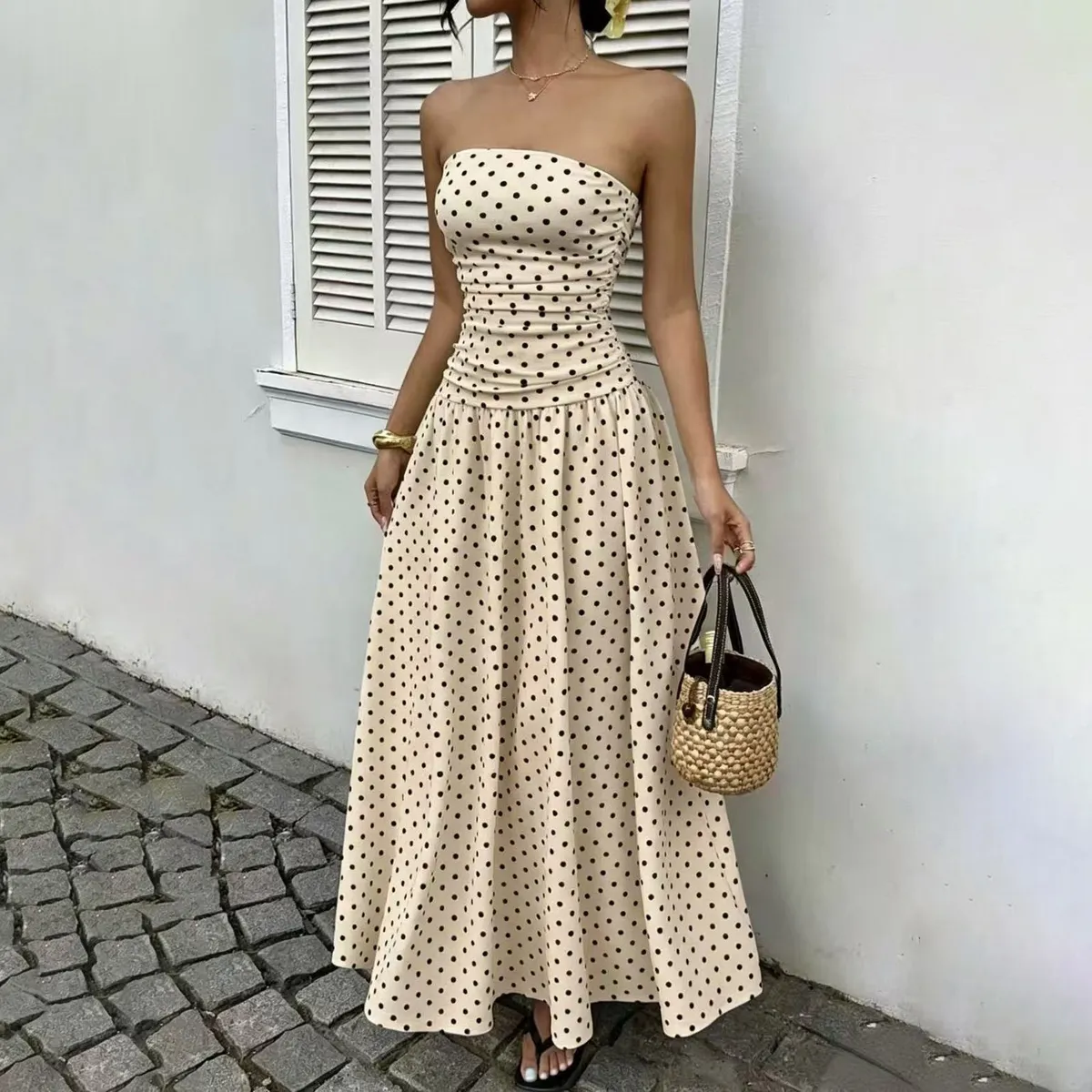 Women Fashion Sexy Elegant Summer Polka Dots Tube Top A-Line Dress