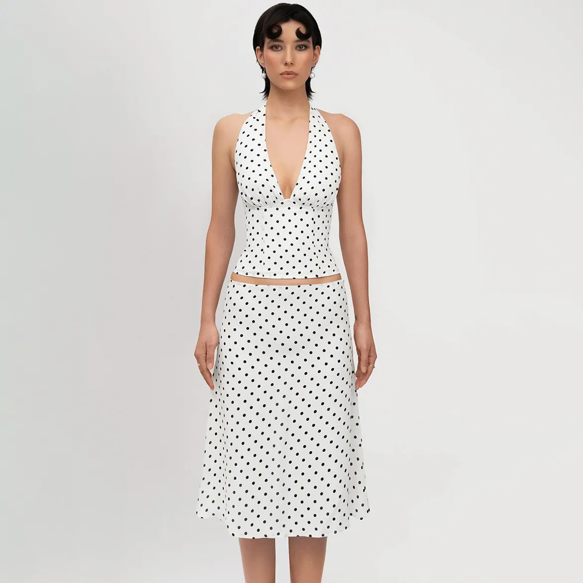 Women Fashion Sexy Summer Polka Dots Printed Halter-Neck Lace-Up Tank Top Low Waist Midi Skirt Two-Piece Set