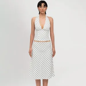 Women Fashion Sexy Summer Polka Dots Printed Halter-Neck Lace-Up Tank Top Low Waist Midi Skirt Two-Piece Set