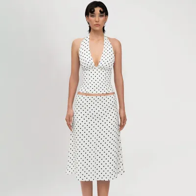 Women Fashion Sexy Summer Polka Dots Printed Halter-Neck Lace-Up Tank Top Low Waist Midi Skirt Two-Piece Set