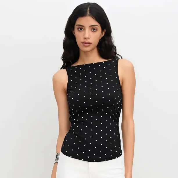 Women Fashion Sexy Summer Polka Dots Printed Sleeveless Tank Top