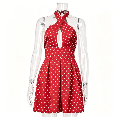 Women Fashion Sexy Summer Polka Dots Printed Crossed Neck Halter Backless Dress