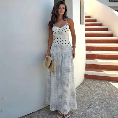 Vestido de verano sexy para mujer con estampado de lunares, cuello halter y cordones.