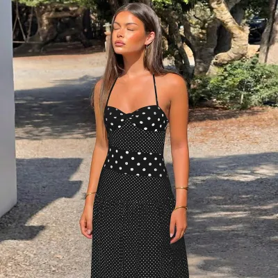 Women Fashion Sexy Summer Polka Dots Printed Halter-Neck Lace-Up Dress