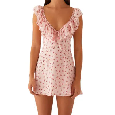 Women Fashion Sexy Summer Polka Dots Printed V-Neck Sleeveless Lace-Up Dress
