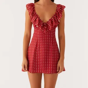 Women Fashion Sexy Summer Polka Dots Printed V-Neck Sleeveless Lace-Up Dress