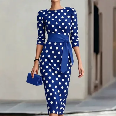 Women Fashion Elegant Summer Polka Dots Printed Short-Sleeve Slim Fit Dress