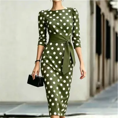 Women Fashion Elegant Summer Polka Dots Printed Short-Sleeve Slim Fit Dress