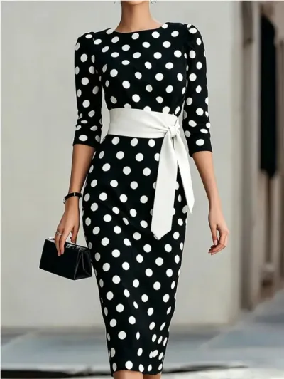 Women Fashion Elegant Summer Polka Dots Printed Short-Sleeve Slim Fit Dress
