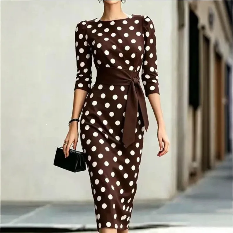Women Fashion Elegant Summer Polka Dots Printed Short-Sleeve Slim Fit Dress