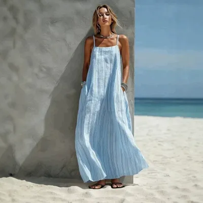 Women Fashion Summer Vacation Stripe Spaghetti Strap Loose Dress