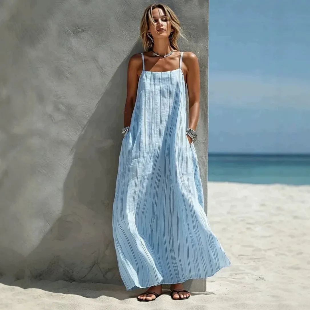 Women Fashion Summer Vacation Stripe Spaghetti Strap Loose Dress