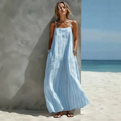 Women Fashion Sexy Summer Vacation Stripe Spaghetti Strap Loose Dress