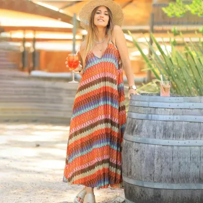 Women Fashion Sexy Summer Boho Multicolor Stripe V-Neck Spaghetti Strap Loose Dress