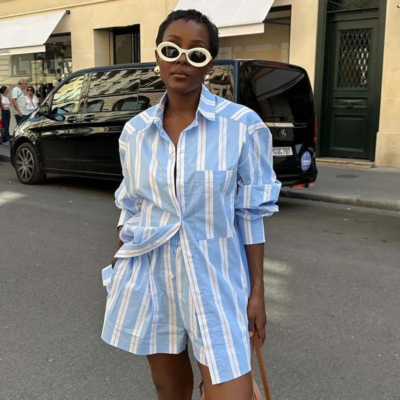 Women Fashion Casual Color Contrast Stripe Lapel Long Sleeve Blouse Loose Shorts Two-Piece Set