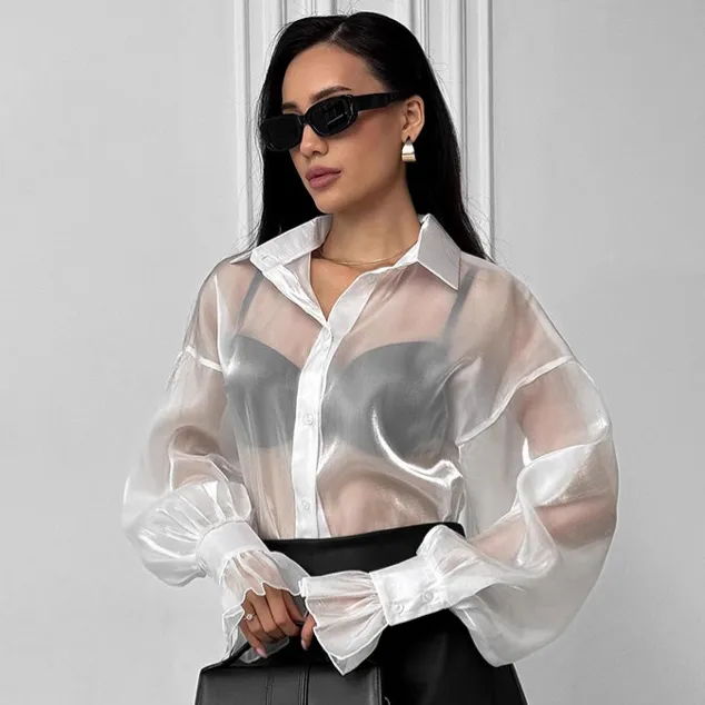 Women Fashion Sexy Solid Color Mesh Perspective Lapel Long-Sleeve Blouse