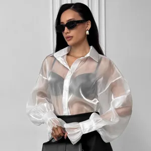 Women Fashion Sexy Solid Color Mesh Perspective Lapel Long-Sleeve Blouse