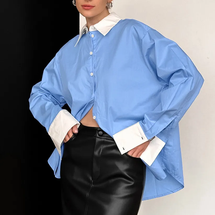 Women Fashion Casual Blue And White Contrast Lapel Long Sleeve Loose Blouse