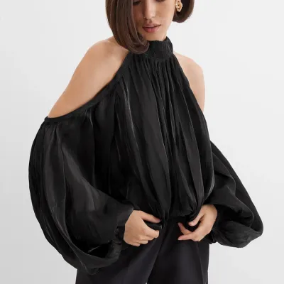 Women Fashion Sexy Elegant Solid Color Pleated Off Shoulder Long Sleeve Loose Blouse