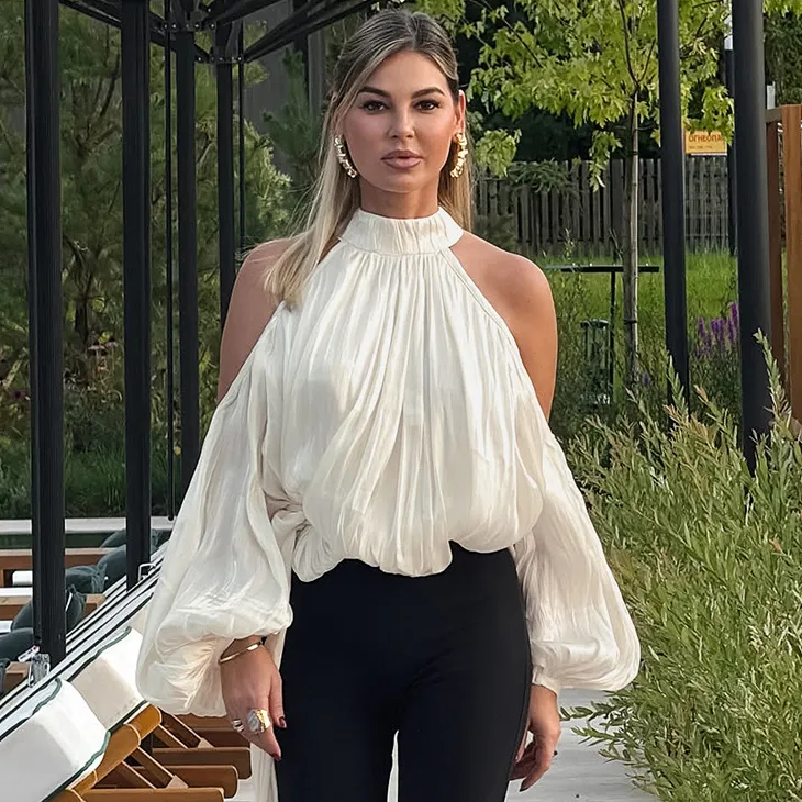 Women Fashion Sexy Elegant Solid Color Pleated Off Shoulder Long Sleeve Loose Blouse
