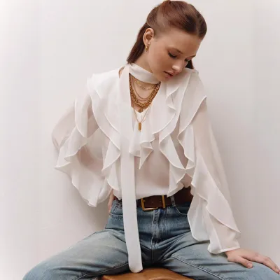 Women Fashion Elegant Summer Solid Color Chiffon Ruffled V-Neck Long-Sleeve Loose Blouse