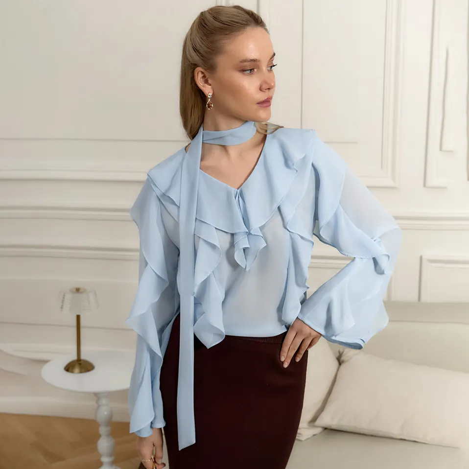 Women Fashion Elegant Summer Solid Color Chiffon Ruffled V-Neck Long-Sleeve Loose Blouse