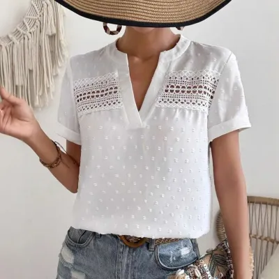 Women Fashion Casual Summer Boho Vacation Solid Color Lace V-Neck Short-Sleeve Blouse