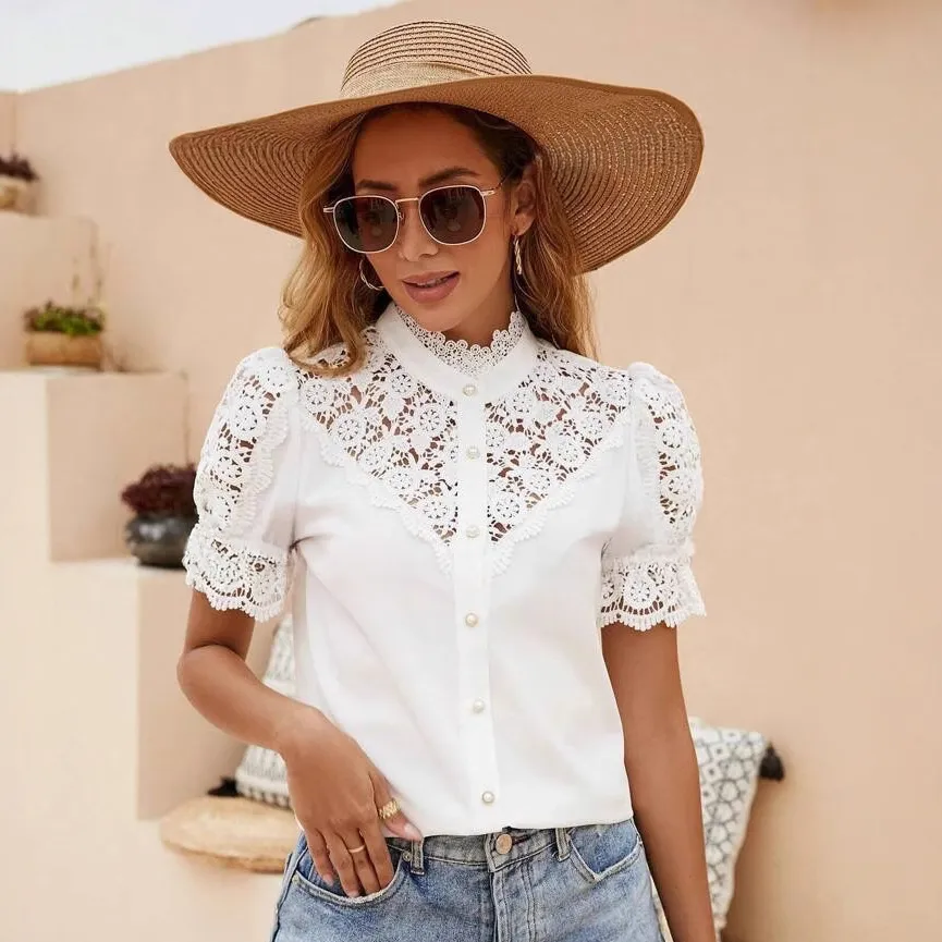 Women Fashion Casual Boho Vacation Solid Color Lace Stitching Hollow Short-Sleeve Blouse