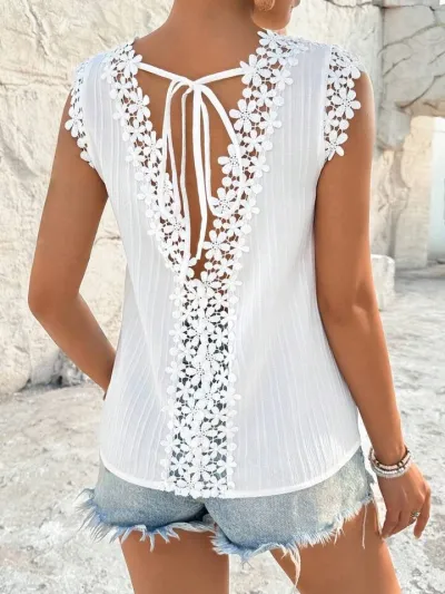 Women Fashion Sexy Summer Boho Vacation Solid Color Lace Stitching Hollow Sleeveless Blouse
