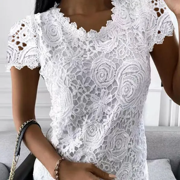Women Fashion Casual Summer Boho Vacation Solid Color Lace Short-Sleeve Blouse