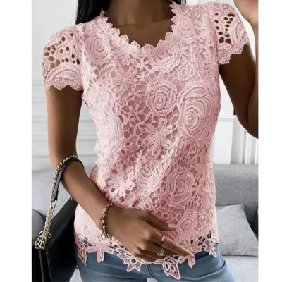 Women Fashion Casual Summer Boho Vacation Solid Color Lace Short-Sleeve Blouse
