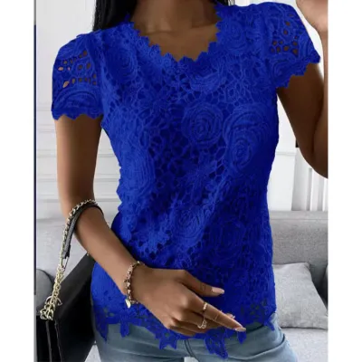 Women Fashion Casual Summer Boho Vacation Solid Color Lace Short-Sleeve Blouse