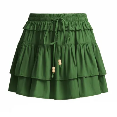 Women Fashion Solid Color Drawstring High Waist Ruffled Skirt